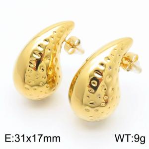 European and American fashion stainless steel creative hammer pattern water droplet shaped women's temperament gold earrings - KE112469-KFC