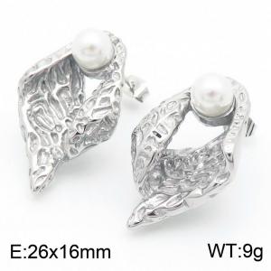 European and American fashion stainless steel creative geometric wrinkle texture inlaid with pearl charm silver earrings - KE112707-MZOZ