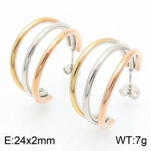 Simple hollow three ring C-shaped combination color stainless steel earrings - KE112730-YN