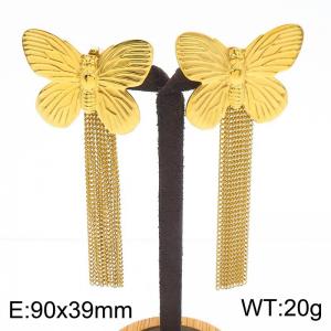 Exaggerated butterfly gold tassel stainless steel earrings - KE113921-KFC