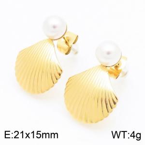 French retro personalized stainless steel creative pearl ball earrings spliced with shell pendant geometric charm gold earrings - KE115661-KFC