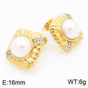 French court style retro personality stainless steel creative pearl diamond square jewelry temperament gold earrings - KE115671-KFC
