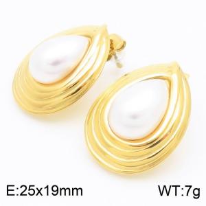 Fashionable and personalized stainless steel creative inlaid pearl shell stripes water droplet shaped women's jewelry temperament gold earrings - KE115675-KFC