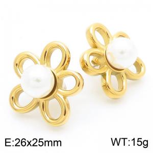 Fashionable and personalized Ins style stainless steel creative hollow flower inlaid pearl temperament gold earrings - KE115688-GC