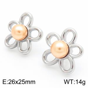 Fashionable and personalized Ins style stainless steel creative hollow flower inlaid champagne pearl temperament silver earrings - KE115785-GC