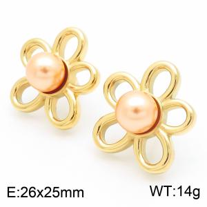 Fashionable and personalized Ins style stainless steel creative hollow flower inlaid champagne pearl temperament gold earrings - KE115786-GC