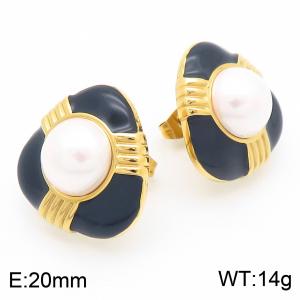 Fashionable and personalized Ins style stainless steel creative black drip oil round edged triangle inlaid pearl temperament gold earrings - KE115787-GC