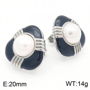 Fashionable and personalized Ins style stainless steel creative black drip oil round edged triangle inlaid pearl temperament silver earrings - KE115788-GC