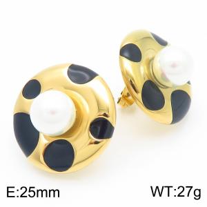 Fashionable and personalized Ins style stainless steel creative black drip oil circular inlaid pearl temperament gold earrings - KE115789-GC