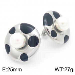 Fashionable and personalized Ins style stainless steel creative black drip oil circular inlaid pearl temperament silver earrings - KE115790-GC