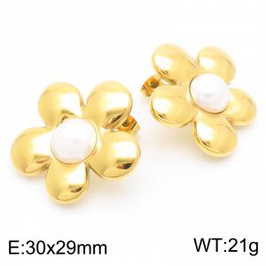 Fashionable and personalized Ins style stainless steel creative flower inlaid pearl temperament gold earrings - KE115792-GC