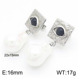 European and American fashion personality stainless steel creative devil's eye square splicing pearl pendant temperament silver earrings - KE115796-GC
