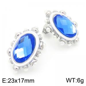 French fashion retro stainless steel creative oval inlaid with blue diamond temperament silver earrings - KE116508-KFC