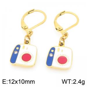 Personalized design stainless steel earrings paired with colorful diamond studded camera pendant - KE119474-Z