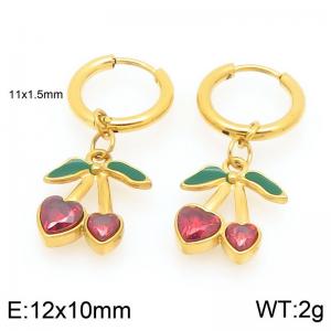 European and American fashion personality stainless steel creative fruit series set with zircon heart-shaped cherry temperament gold earrings - KE119988-GC