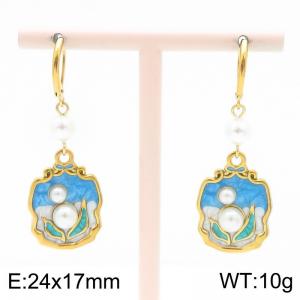 European and American fashion personality stainless steel creative pearl flower blue geometric temperament gold tassel earrings - KE120133-Z