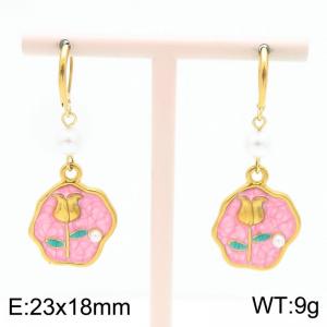 European and American fashion personality stainless steel creative pearl flower pink geometric temperament gold tassel earrings - KE120134-Z