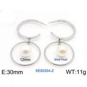 Women's Pearl Silver Hoop Earrings Silver Plated Stainless Steel Earrings - KE83354-Z