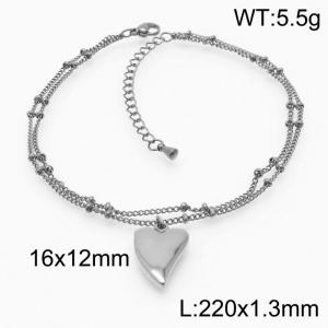 1.3mm Double Layer Chain  Bracelet Women Stainless Steel With Heart Charm Silver Color - KJ3517-Z