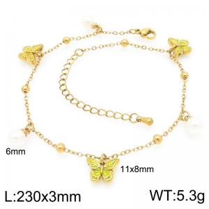 Stainless steel bead fine chain hanging fluorescent green butterfly imitation pearl pendant temperament gold ankle chain - KJ4576-Z