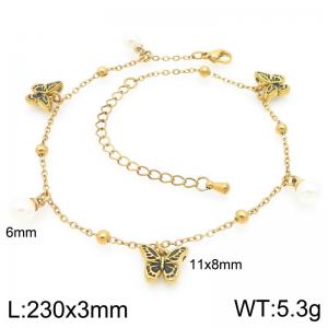 Stainless steel bead fine chain hanging black butterfly imitation pearl pendant temperament gold ankle chain - KJ4577-Z