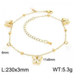 Stainless steel bead fine chain hanging white butterfly imitation pearl pendant temperament gold  ankle chain - KJ4578-Z