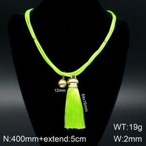 A niche gold bead fluorescent green tassel titanium steel necklace - KN108060-Z