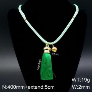 Fashion Gold Beads Dark Green Tassel Titanium Steel Necklace - KN108061-Z