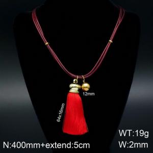 Fashion Gold Beads Deep Red Tassel Titanium Steel Necklace - KN108067-Z