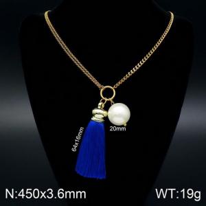 Simple gold bead blue tassel titanium steel neck - KN108070-Z