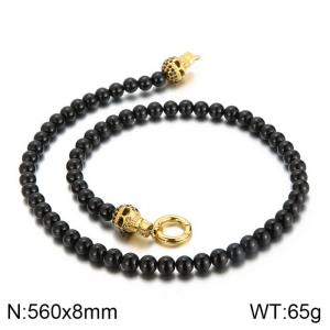 Men's Gold Skull Zircon Black Onyx Bead Necklace - KN227440-K