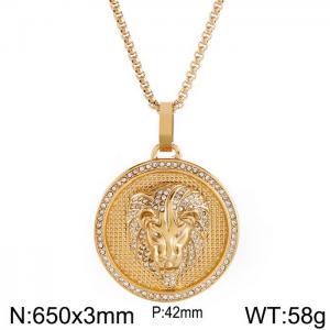 European and American hiphop stainless steel round brand necklace personality diamond lion head male pendant necklace - KN230165-K