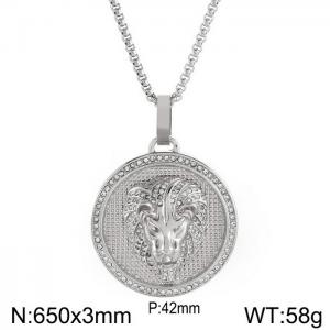 European and American hiphop stainless steel round brand necklace personality diamond lion head male pendant necklace - KN230166-K