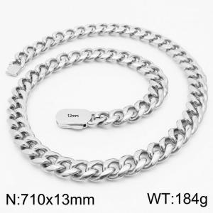 13mm Stainless Steel Cuban Chain Necklace Men's Silver Color Shiny Hip Hop Jewelry - KN231565-Z