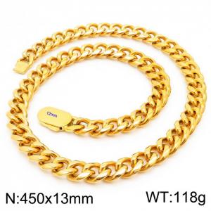 13mm Stainless Steel Cuban Chain Necklace Men's Gold Color Shiny Hip Hop Jewelry - KN231567-Z