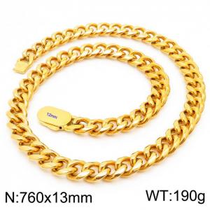 13mm Stainless Steel Cuban Chain Necklace Men's Gold Color Shiny Hip Hop Jewelry - KN231573-Z