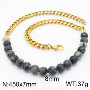 Stianless Steel 7mm Gold Color Cuban Chain with 8mm Howlite Beads Necklace - KN232655-Z