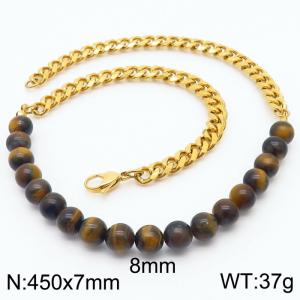 Stianless Steel 7mm Gold Color Cuban Chain with 8mm Tiger Stone Necklace - KN232657-Z