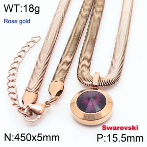 Stainless steel 450X5mm  snake chain with swarovski big stone circle pendant fashional rose gold necklace - KN233382-K