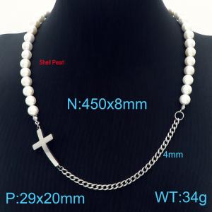 Temperament Fashion Shell Pearl Stainless Steel Cross Cuban Chain Womens Jewelry Necklaces - KN233642-Z