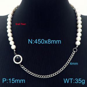 Temperament Ins Shell Pearl Choker Stainless Steel Black Crystal Stone Cuban Chain Women's Jewelry Necklaces - KN233659-Z
