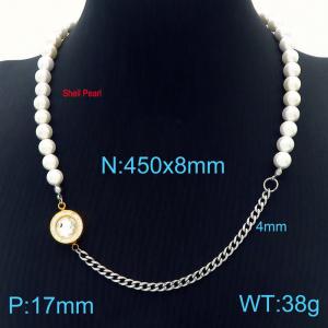 Temperament Ins Shell Pearl Choker Stainless Steel Cuban Chain Women's Transparent Crystal Stone Jewelry Necklaces - KN233660-Z