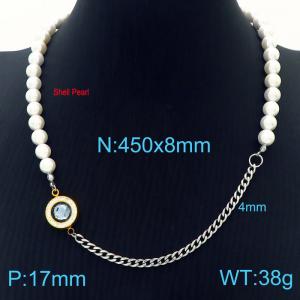 Temperament Ins Shell Pearl Choker Stainless Steel Cuban Chain Women's Gray Crystal Stone Jewelry Necklaces - KN233662-Z