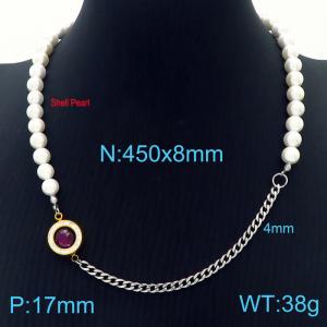 Temperament Ins Shell Pearl Choker Stainless Steel Cuban Chain Women's Reddish Brown Crystal Stone Jewelry Necklaces - KN233664-Z