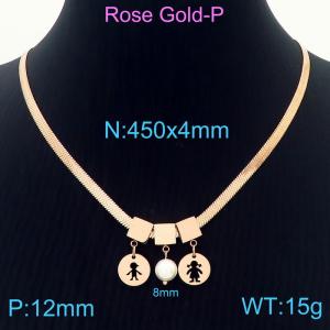 450mm Women Rose-Gold Snake Bone Chain Necklace with Pearl&Love Heart&Girl Boy Pattern Tags Pendants - KN233805-KFC