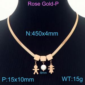 450mm Women Rose-Gold Snake Bone Chain Necklace with Pearl&Girl&Boy Pendants - KN233807-KFC