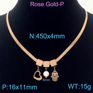 450mm Women Rose-Gold Snake Bone Chain Necklace with Pearl&Love Heart&Thick Palm Pendants - KN233811-KFC