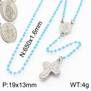 65cm Long Silver Color Stainless Steel Beads Link Chain Necklace Unisex Religion Cross Pendant For Women Men - KN234453-Z