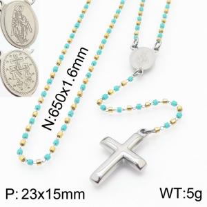 65cm Long Silver Color Stainless Steel Beads Link Chain Necklace Unisex Religion Cross Pendant For Women Men - KN234454-Z