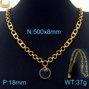 50cm Long Gold Color Stainless Steel Black Color Round Crystal Glass Pentand Link Chain Necklace For Women - KN234467-Z